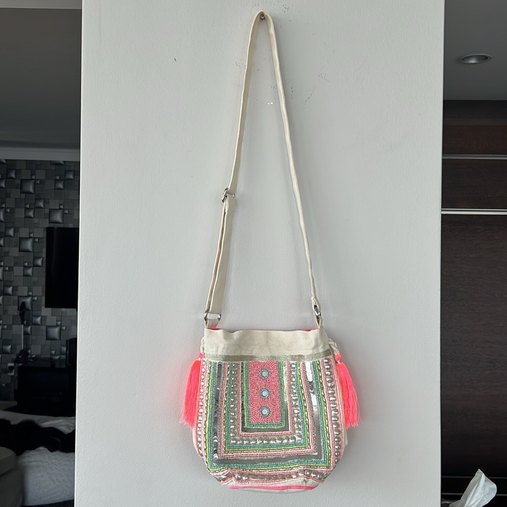 Canvas Drawstring Bag With Sequin And Pearl Work - image 5